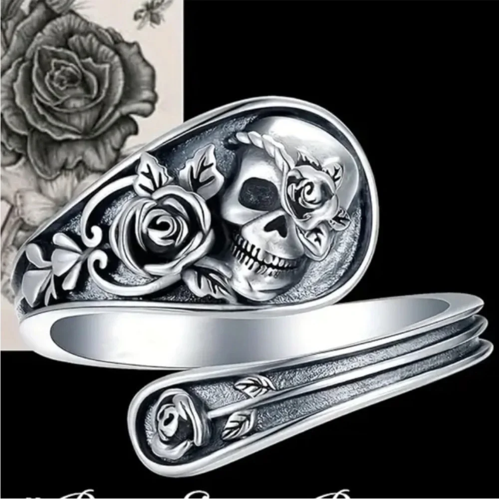 Silver Skull and Rose Ring wrap ring silver alloy adjustable one size women nwt